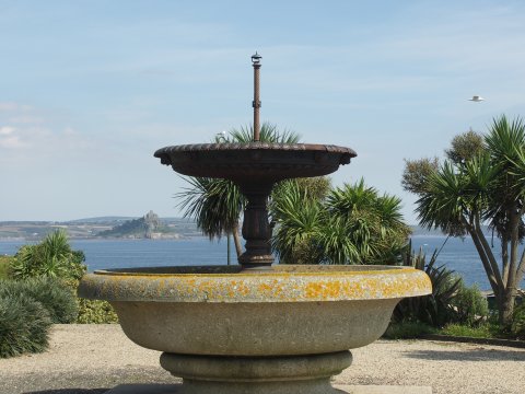 [Penzance, Fountain in St Anthony Gardens, toward St Michael's Mount]