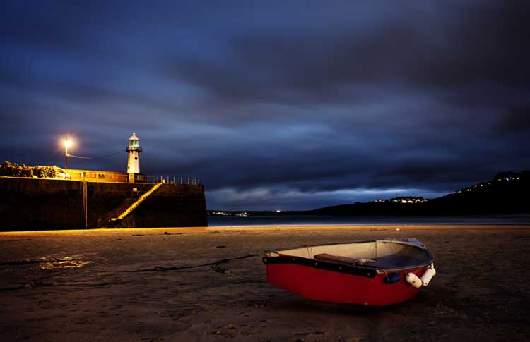 [Rowing Boat on Harbour Beach, at Night, with Smeaton's Pier Lighthouse]